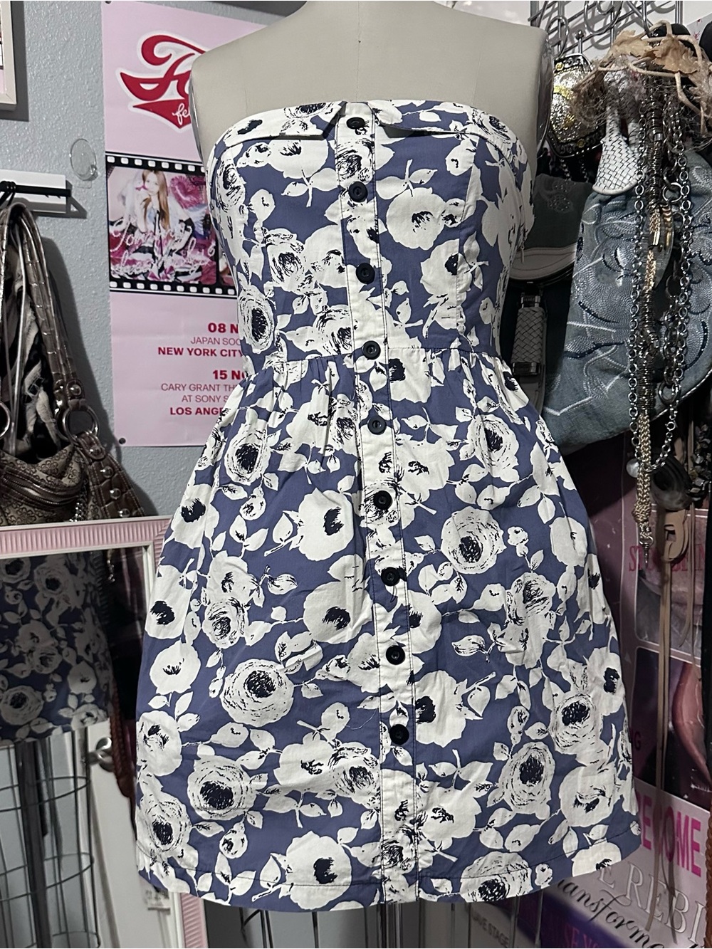 Cooperative Blue and White Strapless Floral Button-Front Mini Dress